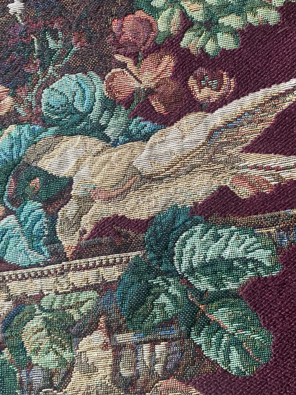 Vintage Wall Tapestry Aubusson Style Floral Birds Fringe Woven Textile 55” x 37”